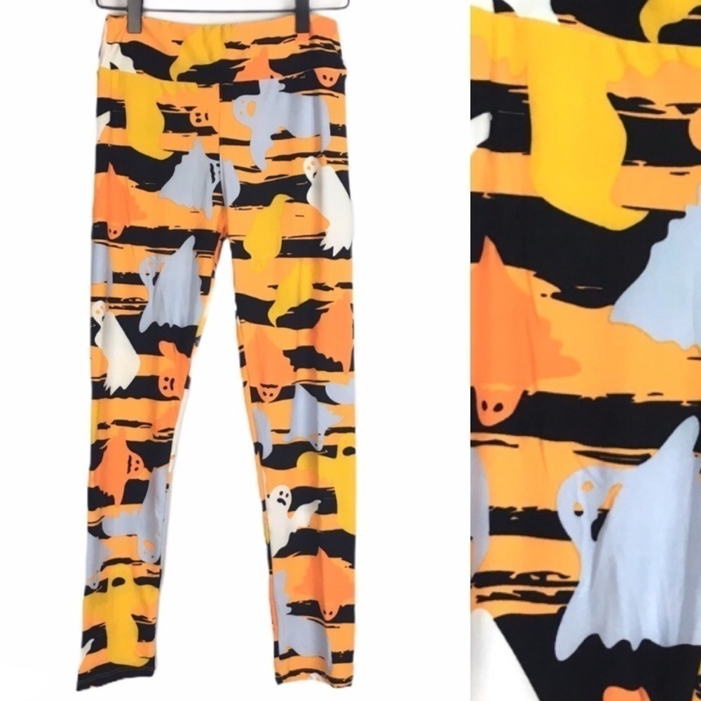 LULAROE NWOT Halloween Leggings Ghosts Stripe OS One Size Black Orange Spooky